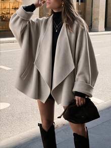 Women's Oversized Wool Coat, Dropped Shoulder Lapel Double-Faced Wool Short Jacket, Suitable For Work And Travel, Autumn/Winter Fashion - Grey - View 2