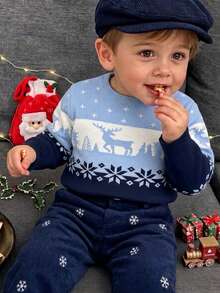 Young Boy Christmas Reindeer Color Block Pullover Sweater, Spring Autumn Winter - Blue - View 2