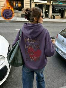 كنزة نسائية كاجوال بأكمام طويلة بطبعة نمر وكلمة "More Amor Por Favor" وطبعة قلب، برباط سحب، بطانة دافئة، وأكتاف منسدلة - اللون الرمادي الأرجواني - مشاهدة 11