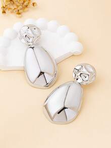 1 Pair Women's Fashion Stud Earrings, Bohemian Style Exaggerated Geometric Shape Metallic Glossy Large Earrings, Suitable For Daily Wear And Vacation - Hammered Platinum - View 6
