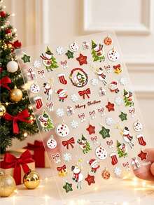 1pc Christmas Atmosphere Face Decoration Sticker Set With Tweezers, Self-Adhesive, Cartoon Snowman, Christmas Sock, Bell, Star, Gift Box Multi-Element Patterns, Suitable For Christmas Party, Portrait Photography, Stage Makeup Face Decoration - Multicolor - View 2
