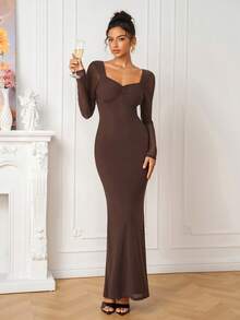 PARTHEA Elegantes braunes Mesh-Meerjungfrau-Maxikleid mit quadratischem Ausschnitt, langen Ärmeln, geraffter Brust und rückenfreiem Design, Abendkleid für Hochzeitsgäste für Frauen - Braun - Übersicht 5