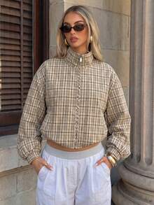 Women's Autumn Plaid Jacket Loose Casual Daily Vacation Style - Apricot - View 2