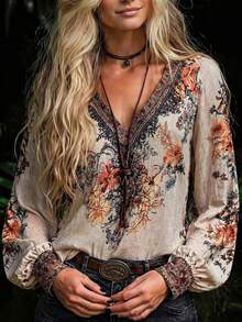 Women's Bohemian Print V-Neck Long Sleeve Blouse, Regular Fit Woven Fabric, Suitable For Autumn Wear Vacation - Light Khaki - View 3