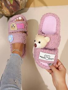 shensongni 女款柔軟毛絨露趾室內拖鞋，卡通熊與花朵裝飾，甜美不對稱設計，四季通用紫色羊羔絨室內拖鞋 - 紫色 - 查看 11
