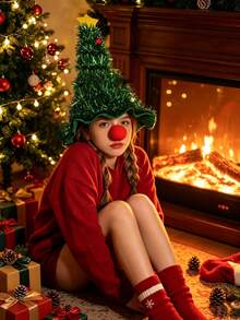 10pcs Creative Christmas Tree Hat & Red Nose Set, Gold Sequin Christmas Tree Hat Set (Includes Christmas Hat And Clown Nose), Suitable For Christmas Decoration, Holiday Costume, Tree Topper Hat, Party Decor, Christmas Gift, Christmas Stocking Filler, Photo Props - Multiple Styles - View 7