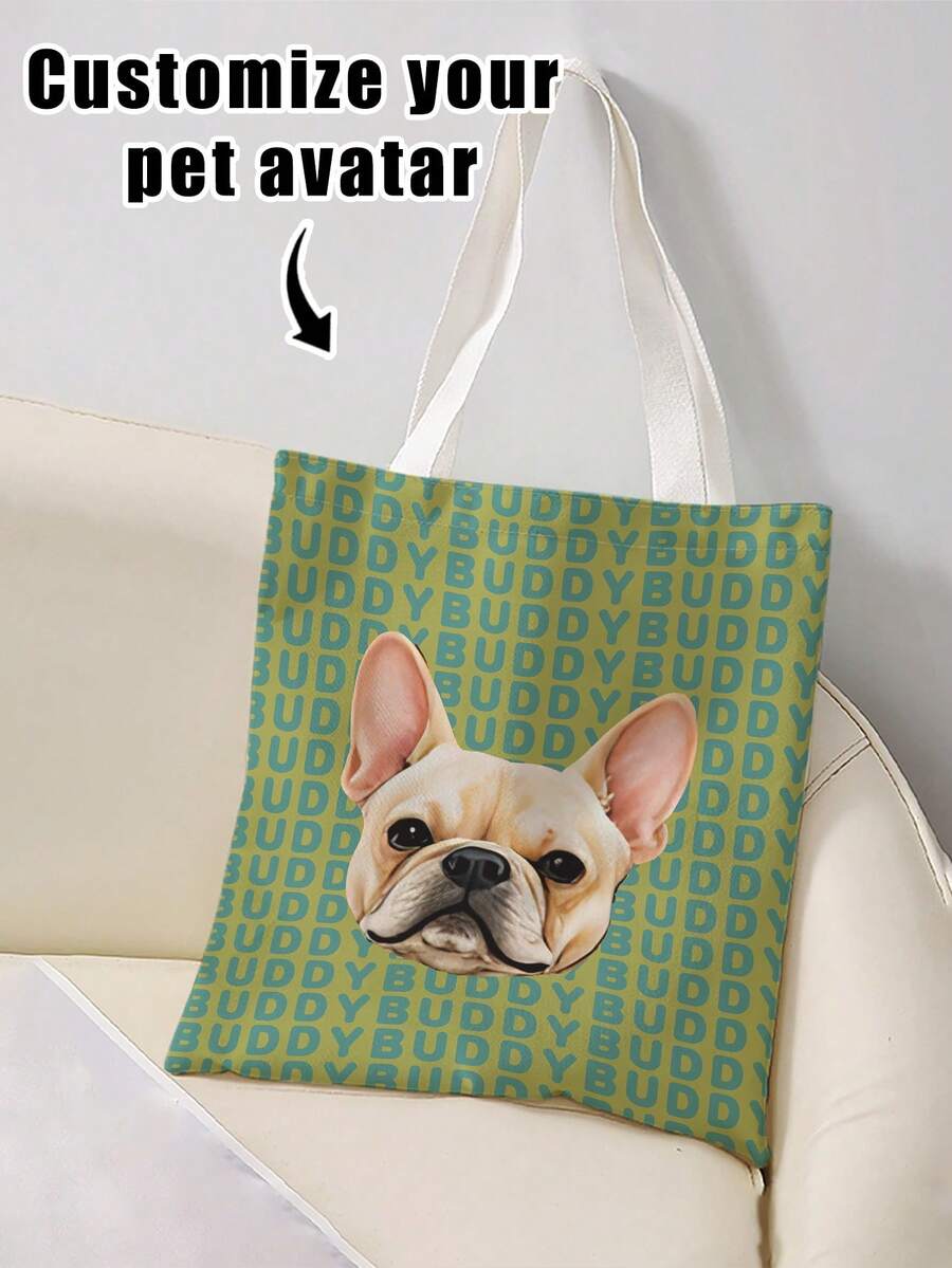 1pc Customized Pet Photo & Name Full Print Canvas Reusable Open Tote Bag, Large Lightweight Fashion Shopping Bag, Suitable For School, Party, Daily Shopping, Perfect Gift - Multicolor - View 1