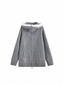 Jaket Kardigan Rajut Berkerudung Bulu Warna Abu-abu untuk Wanita, Potongan Longgar, Melangsingkan, Lembut dan Nyaman, Musim Gugur - Grey - View 8