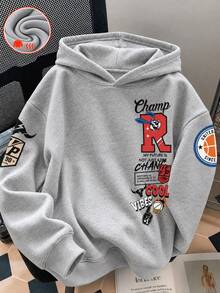 1pc Tween Boy Thermal Lined Thick Warm Sweatshirt, Young Student Clothing, Suitable For Kids Autumn/Winter Long Sleeve Top - Grey - View 3