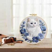 2D Flat Punch Needle Embroidery Kit For Beginners - Complete Embroidery Starter Set Including Tools And Instructions, DIY Punch Needle Embroidery Kit, Cute White Cat, Cute Cartoon Cat Embroidery Needle Beginner Handmade Kit Easy To Make Adult Holiday Gift And Decoration, Bamboo Frame Random Style - A - View 6