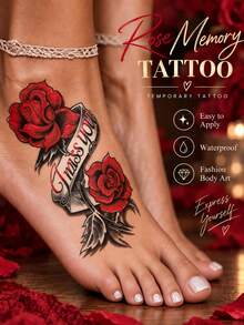 Blue Rose & Cross Temporary Tattoo For Women, Gothic Floral Body Art Sticker, Waterproof Long-Lasting Ankle & Foot Tattoo, Easy To Apply, Romantic Rose Design For Party, Festival, Cosplay & Everyday Style - Multicolor - View 7