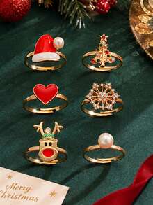 6pcs/Set Christmas Hat Snowflake Reindeer Christmas Tree Rings Set, Adjustable, Holiday Party Christmas Wear, Exquisite Gift - Multicolor - View 5