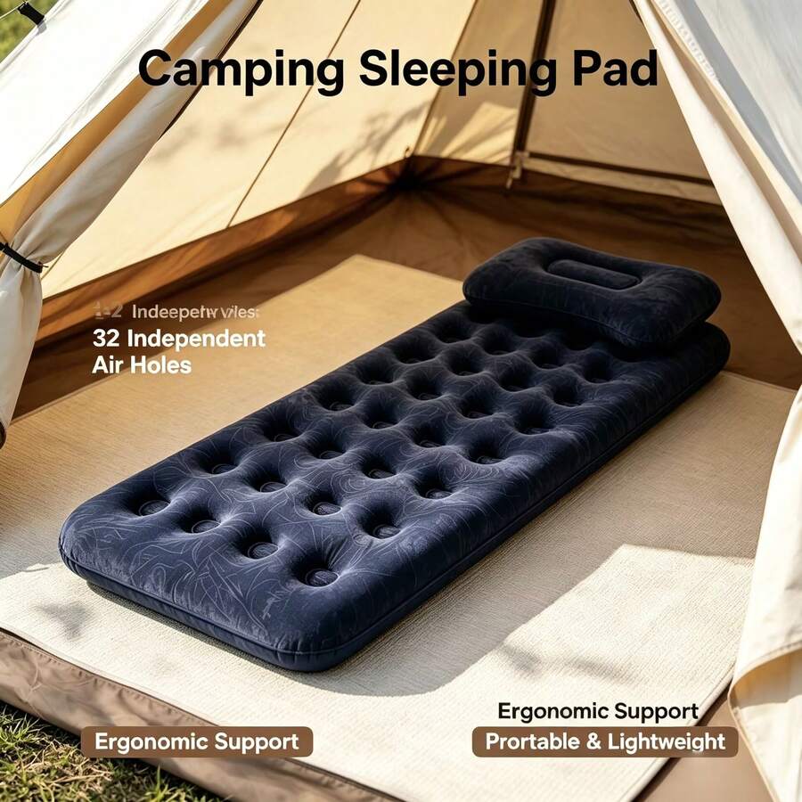 Kasur Angin Portabel dengan 1 Bantal Biru, Kasur Angin Permukaan Beludru, Kasur Angin Lipat, Cocok untuk Berkemah, Tamu Rumah, Perjalanan RV, dan Penggunaan di Halaman Belakang Luar Ruangan - Navy Blue - View 1