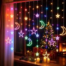 1pc LED Star Moon Curtain Light, USB Powered Warm Color, Suitable For New Year, Christmas/Halloween Party And Dinner. Creative Gift, Includes Star Moon Design With Crescent Moon And Stars - Perfect For Bedroom Decor, Party Accents Or Gifts - Constant Light Mode Autumn Lighting - Star and Moon Curtain Lights - View 3