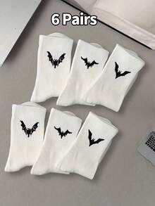 1/2/6/12 Pairs Of Bat Print Socks, Gothic Style, Comfortable Mid Length Socks, Suitable For Daily Wear, Available In Black And White, Autumn Style - Multicolor - View 11