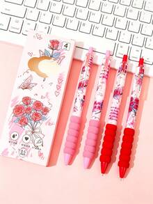 1/4pcs Rose Butterfly Floral Print Retractable Neutral Gel Pens, Quick-Dry Black Ink Ballpoint Pens, Soft Sponge Grip Stress Relief Hand Protection Pens, Highly Attractive Aesthetic Student Stationery For Journaling And Writing - Sets - View 6