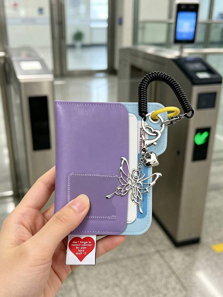 Card Holder Keychain Multi-Slot Card Holder, Spring Rope Strap With Hollow Metal Butterfly & Heart Pendant, Color-Block Layered Card Sleeve; Suitable For Students And Office Workers, Can Store Campus Card And Access Card, Daily Commute And Campus Travel, Valentine's Day And Birthday Gift, Sweet & Cool Y2K Style Portable Storage, Creative Small Gift For Best Friends - Multicolor - View 1