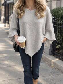 Women's Plus Size Beige Round Neck Cape Asymmetrical Hem Pullover Sweater, Autumn Daily Wear - Yan - View 1