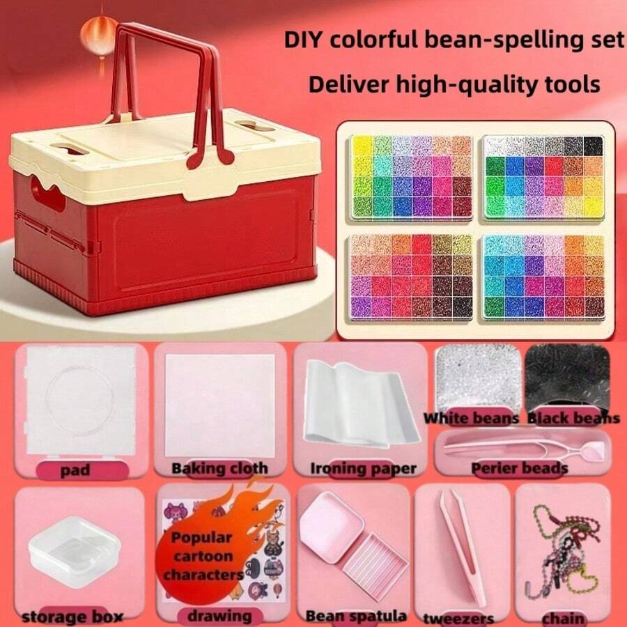 48 Colors Mini 3D Pixel Beads Puzzle Beads Handmade Craft Decoration Making High Quality Beads, DIY Beading Set Includes Base Plate, Iron-On Paper, Beading Pen, Storage Box, Tray, Spoon, Tweezers, Mini Iron-On Beads, DIY Handmade Material Kit, Suitable For Keychain Making And Creative Handicrafts | Odorless Material | Suitable For Beginners And Craft Enthusiasts | Creative Art Handmade Materials