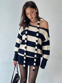 Fall/Winter One-Shoulder Striped Knit Dress, Casual Off-Shoulder Knitted Dress - Blue and White - View 8