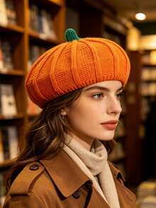 1pc Cute Halloween Pumpkin Knitted Hat, Women's Soft Warm Elastic Fit, Holiday Costume Hat, Suitable For Parties, Holiday Accessory - Multicolor - View 1