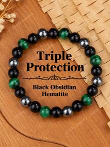 Natural Green Tiger's Eye & Black Obsidian Stone Protection Bracelet, Good Luck, Balance, Confidence, Bohemian Style Party Jewelry Gift For Men Women - Multicolor - View 1