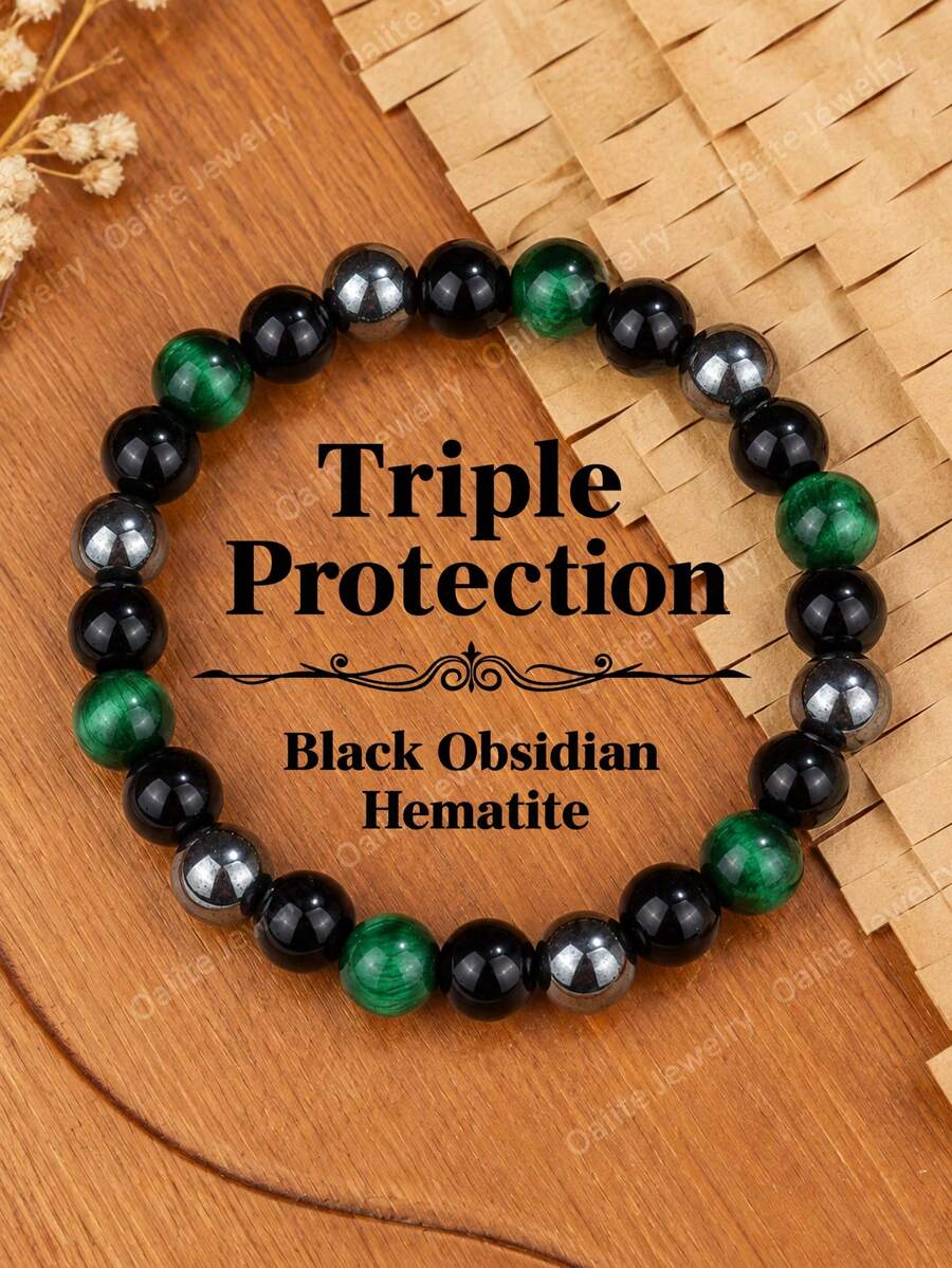Natural Green Tiger's Eye & Black Obsidian Stone Protection Bracelet, Good Luck, Balance, Confidence, Bohemian Style Party Jewelry Gift For Men Women - Multicolor - View 1
