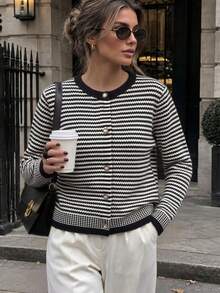 BYGOUBY Women's Striped Knit Cardigan, Round Neck Pearl Button Long Sleeve Casual Knit Sweater Jacket, Autumn/Winter - Black - View 3