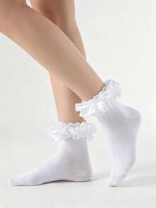 1 Pair Cute Solid Color Ruffle Trim Minimalist Style Short Socks For Teenagers, Suitable For Casual Daily Wear - White - View 4