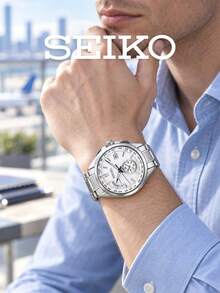 Men's SEIKO Quartz Watch, Solid Stainless Steel Bracelet, White Textured Dial, Day & Date Display, Business Travel Multi-Time Zone Wristwatch - Silver - View 2