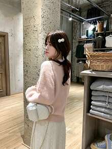 Sweater Rajut Jacquard Motif Kucing untuk Wanita, Pullover Longgar Leher Bulat, Musim Gugur/Dingin - Berwarna merah muda - View 7