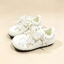 Women's Double Lace-Up Low-Top Casual Lace-Trimmed Cute Student Style Lightweight Comfortable Versatile Commuter Sneakers - Beige - View 1