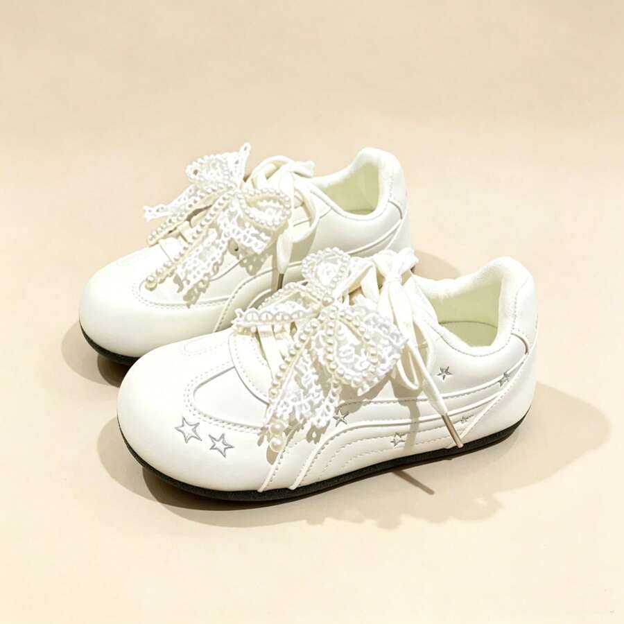 Women's Double Lace-Up Low-Top Casual Lace-Trimmed Cute Student Style Lightweight Comfortable Versatile Commuter Sneakers - Beige - View 1