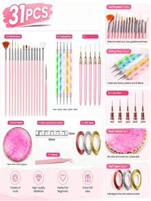 31Pcs Nail Art Tools Set, Nail Art Brushes, Liner Pens, Dotting Tools, Nail Palette And Nail Stickers Tweezers, Multi Function Manicure Supplies For Nail Art Design - Multicolor - View 9