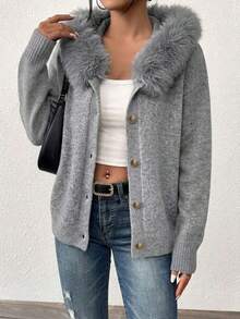 Plus Size Women's Fuzzy Collar Button-Up Knit Cardigan Sweater Jacket, Loose Fit Flattering Casual Everyday Versatile Top - Grey - View 4