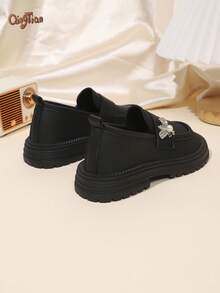 1 Pair Fashionable Cute Bow PU Pearl Hook Loop Non-Slip Durable Comfortable Versatile Girls' Flat Shoes, Suitable For Spring/Autumn Outdoor, Daily, Party And School Wear, Mary Jane Loafers - Black - View 5