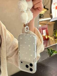 Korean Style Ins White Star Matte Frosted Phone Case Compatible With Apple 17, 18 Pro Max, New 16, Dual Layer IMD 15, Anti-Drop Protective Cover, 14 With Pom Pom Hand Strap - Multicolor - View 3