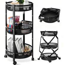 3-Tier Round Rotating Cart, Black Metal Mesh Basket, Universal Wheels, Movable Storage Organizer For Kitchen Bathroom Living Room - Multicolor - View 7