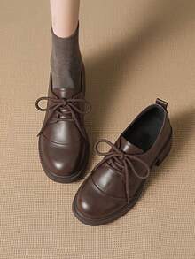 Women's Vintage British Style Oxford Shoes, Chunky Heel Height-Increasing Design, Lace-Up Simple Daily Work Casual Shoes - Brown - View 2