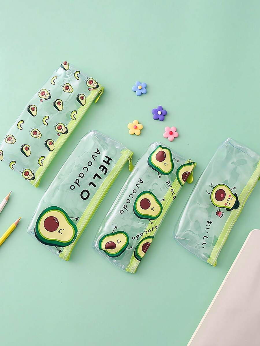 1pc Cartoon Avocado Large Capacity Pencil Case, Minimalist Transparent High-Value PVC Student Storage Bag, Cute Avocado Quicksand Stationery Bag, Student Learning Storage Supplies (Random Pattern Shipped) - One Size Fits All - View 1