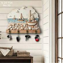 2D Flat Non-3D Nautical Sailboat Shell Wooden Key Hook Wall Decor, Coastal Beach Style Entryway Wall-Mounted Key Storage Rack, Room Decoration, Living Room Decoration, Home Decor, Nautical Mother's Day Gift, Seaside Cottage Entryway Wall-Mounted Key Hook - Multicolor - View 9