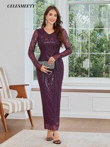 Elegant Purple Sequin Beaded Long Evening Gown, Soft Elastic Mesh Party Dress, Suitable For Christmas, Party, Wedding - Purple - View 6