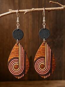 1 Pasang Anting-Anting Kayu Melengkung Geometris Pelangi Bergaya Vintage, Anting Gantung Bulat Motif Patchwork Bohemian. - Bentuk geometris - View 8