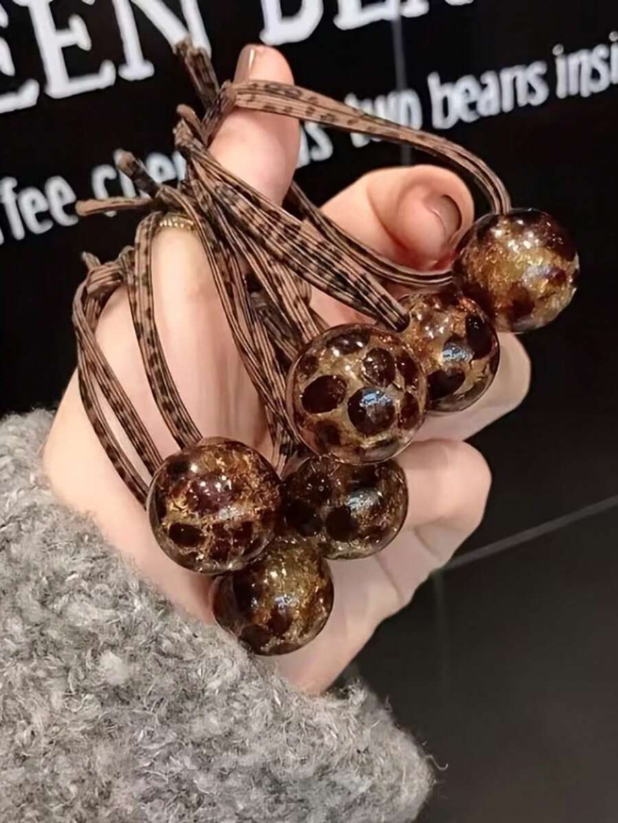 3/2/1pc New Leopard Print Ball Hair Tie, Elegant Fashion Vintage Ponytail Hair Rope, High Elasticity Bun Hair Rope For Women, Ice Crack Leopard Print Hair Rope Double Strand Bun Hair Rope Hair Accessory Bracelet Dual Use High Elasticity - Multicolor - View 1