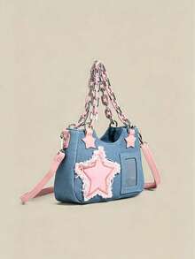 New Fashionable Versatile Texture Patchwork Contrast Color Pentagram Acrylic Chain Denim Casual Commute Shoulder Cross-Body Handbag For Women - Baby Blue - View 3