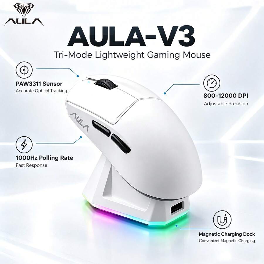 AULA V3 Wireless Gaming Mouse With Magnetic RGB Charging Dock, 51g Super Light Tri-Mode Mouse, PAW3311 Optical Sensor, 12000DPI, 300 IPS, Dual 1000Hz Low Latency, 7 Programmable Buttons For Small & Medium Hands