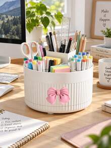 Desktop 360 Degree Rotating Multifunctional Storage Box With Bow Decoration, Pen Holder For Cosmetics, Makeup Brushes, Eyebrow Pencils, Desk Organizer With 5 Compartments - Multi-Functional Pencil, Marker, Scissors And Stationery Storage Rack, Suitable For Office, Vanity, Dorm, Classroom, Christmas Gift, Birthday Gift, Holiday Essential, Home - Multicolor - View 10