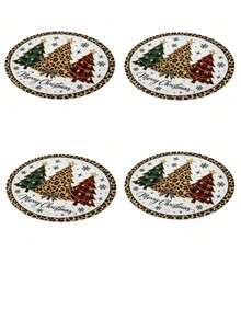 1/2/4pcs Christmas Placemats, Christmas Tree And Leopard Print Elements, Round Design, Bamboo And Linen Material, Suitable For Christmas Decoration, Family Gathering Party, Table Decor, Holiday Decor, Indoor Decoration. - Multiple Styles - View 14