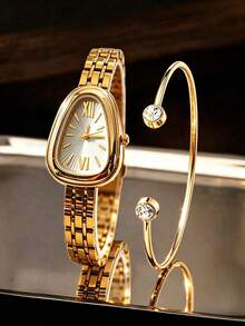 Bộ đồng hồ nữ quartz mặt xanh đính đá toàn bộ tông màu vàng kèm vòng tay hở khắc chữ LOVE, set 2 món đồng hồ đeo tay quà tặng sang trọng, phù hợp đi làm hàng ngày, dự tiệc, mặc buổi tối, quà tặng Valentine, Ngày của Mẹ, sinh nhật - Vàng - Xem 1