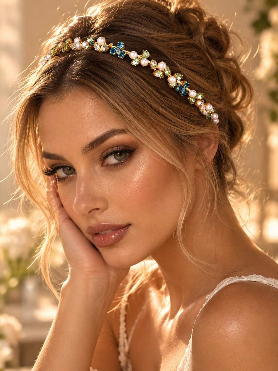 STONEFANS 1pc Fashion Floral Headband Niche Design Rhinestone Head Hoop Minimalist Versatile Accessory Headwear - Gold-painted - View 1